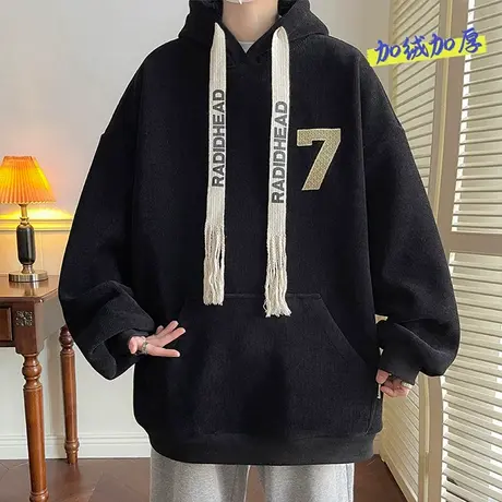 港风复古ins灯芯绒抽绳连帽卫衣男秋冬新款宽松休闲套头数字外套商品大图