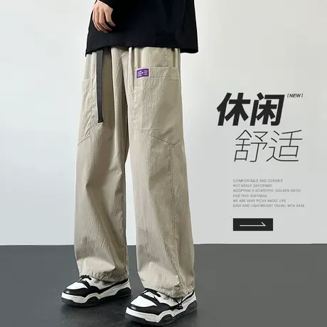 高级感宽松阔腿多口袋工装春季春秋款男生卡其色抽绳束脚休闲裤子商品大图