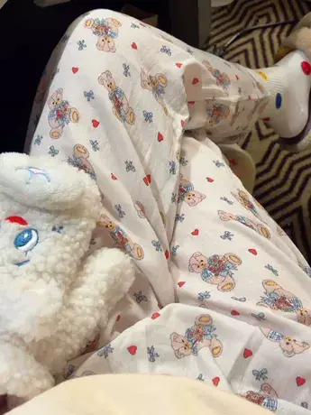 韩版INS慵懒风纯棉纱布睡衣女士可爱小熊棉纱宽松舒适长裤家居裤商品大图