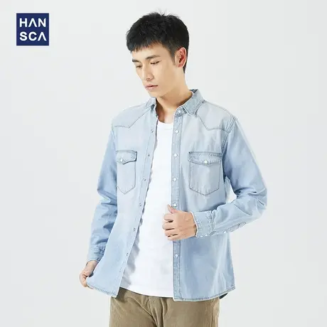 汉斯卡秋季薄款复古水洗牛仔衬衫男长袖宽松外穿休闲衬衣外套潮流商品大图