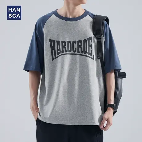hansca 重磅短袖T恤男夏季美式复古撞色字母插肩袖纯棉半袖上衣服商品大图