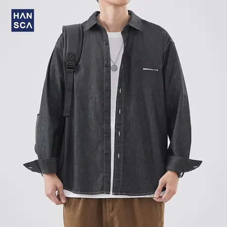 hansca翻领长袖牛仔衬衫男春季新款美式潮牌复古做旧休闲衬衣外套商品大图