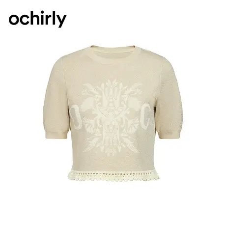钩花边短袖针织衫女 ochirly欧时力2024新款夏装圆领设计感上衣图片