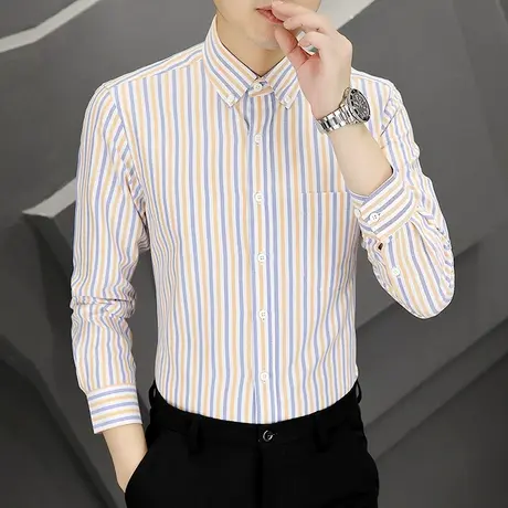 秋季休闲衬衫男士长袖新款时尚条纹衬衣潮流男装韩版帅气打底上衣商品大图