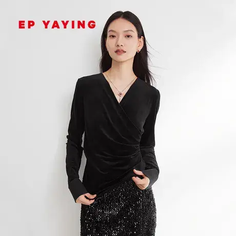 EP雅莹女装 不规则丝绒V领压褶收腰内搭上衣 2023秋冬新款5508A商品大图