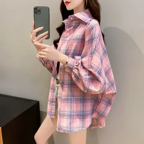 格子衬衫女韩版新款chic慵懒风网红长袖夏季防晒衬衣宽松薄外套潮图片