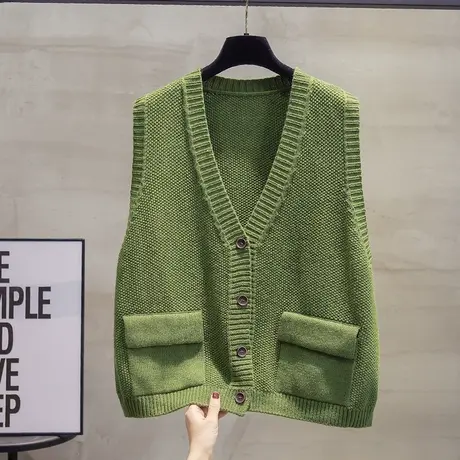 v领口袋针织开衫马甲背心女2023秋装新款宽松外穿马夹毛衣坎肩潮商品大图