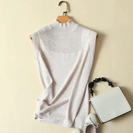 清仓！短袖冰丝针织衫女半高圆领修身纯色内搭打底衫2022夏新款商品大图
