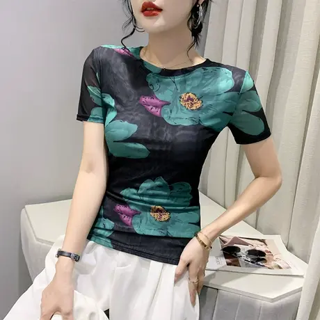 复古印花网纱T恤女短袖洋气欧货上衣2023夏季新款性感圆领小衫潮商品大图