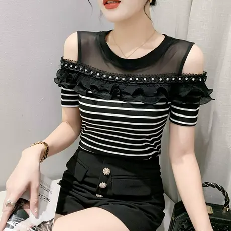 欧货木耳边T恤女短袖2023夏装新款性感露肩上衣洋气网纱拼接小衫商品大图