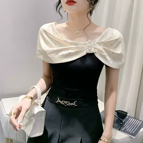 一字领短袖女装2023新款重工烫钻钉珠T恤气质修身小衫设计感上衣商品大图