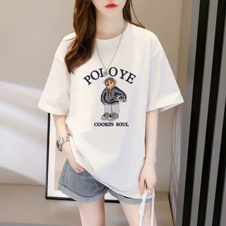 纯棉短袖t恤女夏季新款设计感印花休闲体恤潮宽松大版中长款上衣商品大图