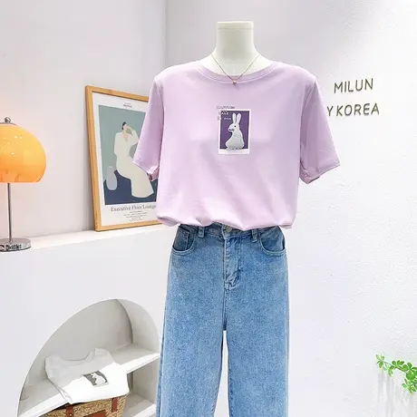 小个子正肩短袖上衣2023夏季韩版ins兔子刺绣粉紫色纯棉T恤打底衫图片