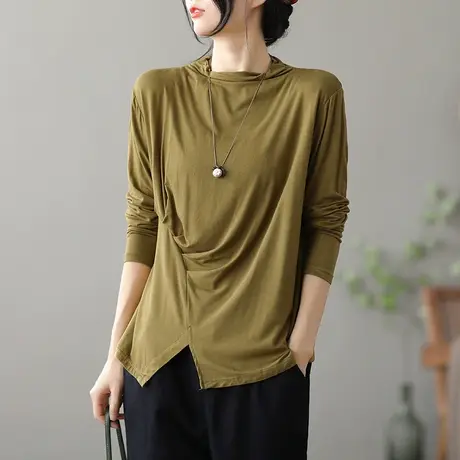 dza半高领长袖t恤女士宽松弹力打底衫新款开叉体恤秋季不规则上衣商品大图