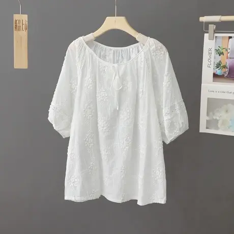 文艺圆领短袖t恤女夏装新款宽松百搭套头中袖小衫纯白色刺绣上衣图片