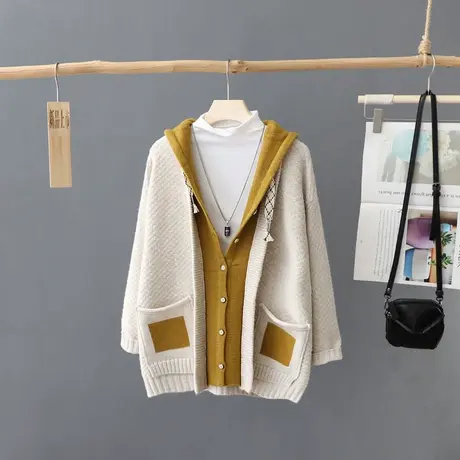 加厚保暖连帽毛衣外套女秋冬季新款女装假两件套针织开衫女式宽松图片