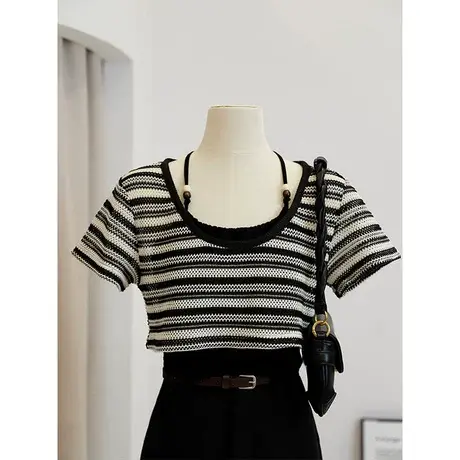 挂脖吊带小背心女夏季外穿宽松套装内搭条纹镂空t恤上衣两件套商品大图