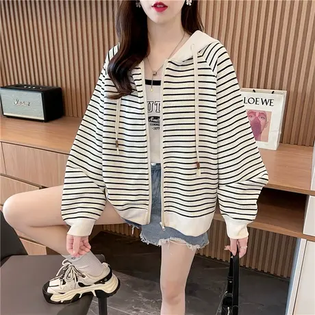 早秋装小个子短款外套女春秋季韩版宽松初秋薄款条纹卫衣开衫上衣商品大图