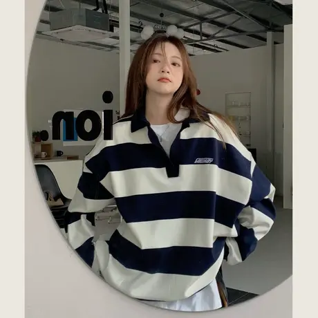 条纹翻领卫衣女款春秋小众设计感oversize宽松慵懒风落肩上衣外套商品大图