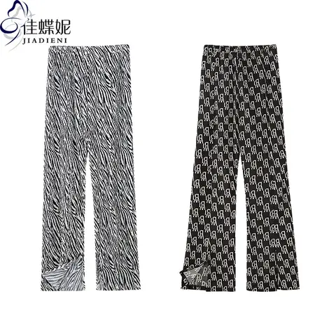 夏季新款宽松直筒黑白花纹印花松紧腰开叉休闲长裤女下装显瘦裤子图片