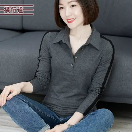 2023冬季新款翻领打底衫女士中年妈妈长袖t恤女装撞色衬衫领上衣商品大图