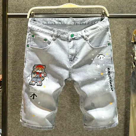 夏季透气潮牌印花短裤男宽松休闲五分裤灰色图案绣花牛仔中裤薄款商品大图