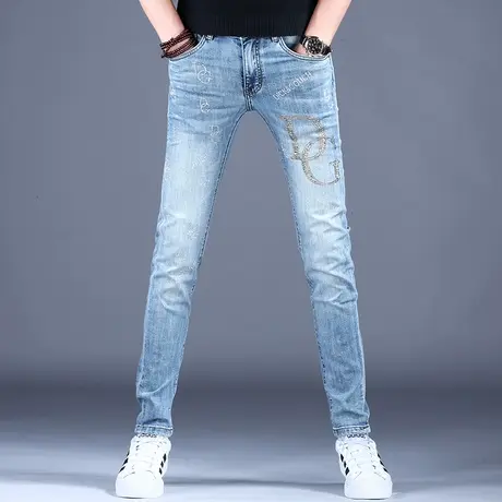 2023男士新款牛仔裤子经典蓝灰时尚修身烫钻小脚裤棉弹百搭轻奢裤商品大图