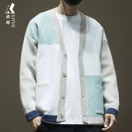 希越V领780g重磅长袖开衫毛衣男秋季宽松大码8针撞色拼接针织外套商品大图