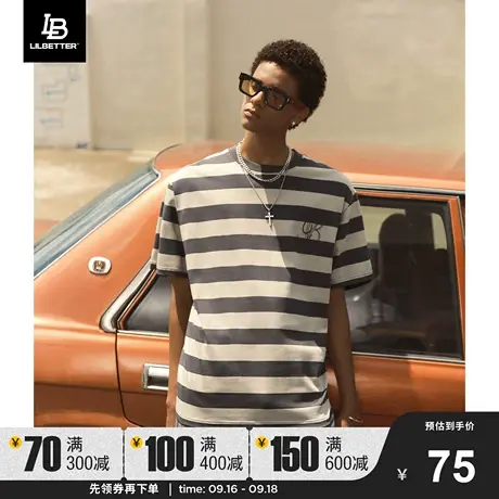 Lilbetter条纹T恤宽松圆领上衣刺绣半袖潮流衣服夏装新款体恤衫商品大图