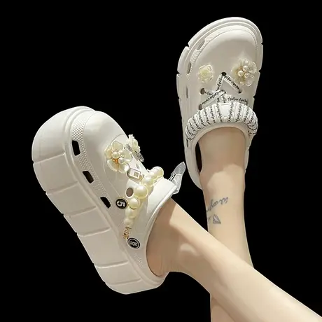 包头洞洞鞋女夏季ins潮时尚花朵珍珠厚底高跟外穿沙滩松糕凉拖鞋商品大图