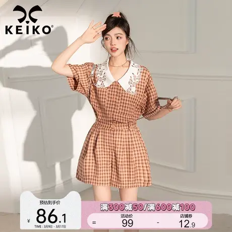 KEIKO 格纹连体裤阔腿短裤夏季多巴胺穿搭镂空蝴蝶领小个子连衣裤商品大图