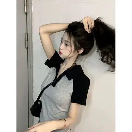 美式polo领短袖t恤2024新款正肩修身显瘦撞色短款女辣妹上衣夏季图片