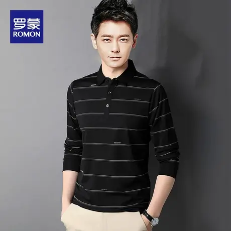 罗蒙春季长袖POLO衫男士中年休闲条纹内搭上衣修身时尚翻领T恤男图片