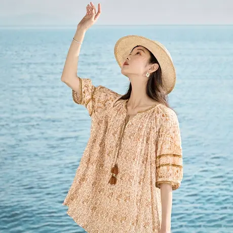 【商场同款】茵曼小众设计度假风衬衣2023夏季女装新款短袖薄上衣图片