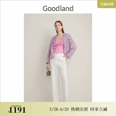Goodland美地春季法式优雅小香风流苏花边樱花粉短外套图片