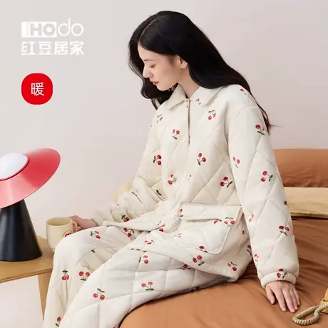 红豆居家女士三层夹棉睡衣抗寒加厚可爱樱桃家居服小棉袄秋冬图片