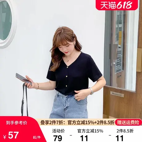 绮娑2025年夏季新款大码针织短袖女胖mm上衣显瘦遮肉短款纯色百搭商品大图