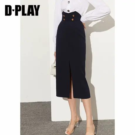 DPLAY春款通勤OL高腰中长裙心机开衩直身裙藏青色显瘦半身裙图片
