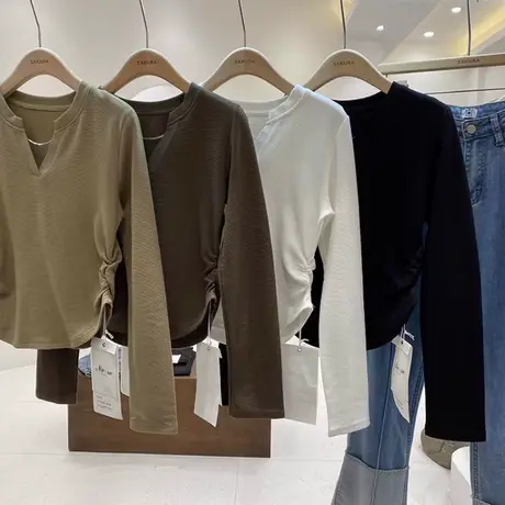 褶皱下摆V领长袖T恤女初秋洋气减龄短款小个子修身小衫上衣体恤潮商品大图