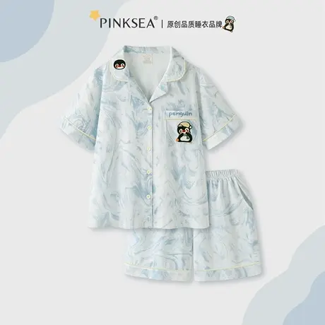 Pinksea纯棉睡衣女款夏季短袖短裤翻领家居服套装2025新款薄款商品大图