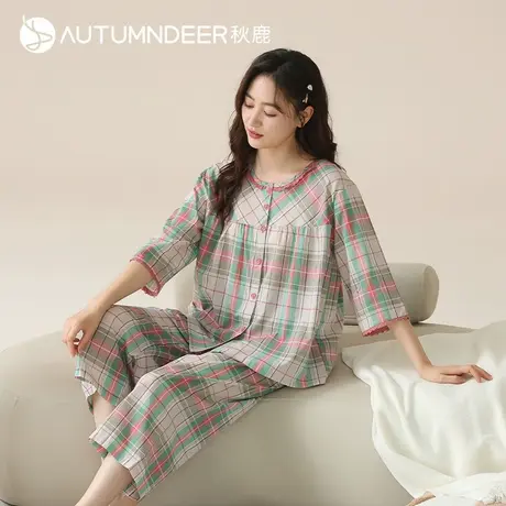 秋鹿纯棉睡衣女夏季薄款柔软透气梭织棉格子花边七分袖家居服套装商品大图