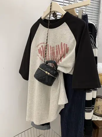港味chic复古纯棉T恤女情侣装夏ins潮大码插肩袖拼接撞色短袖上衣商品大图