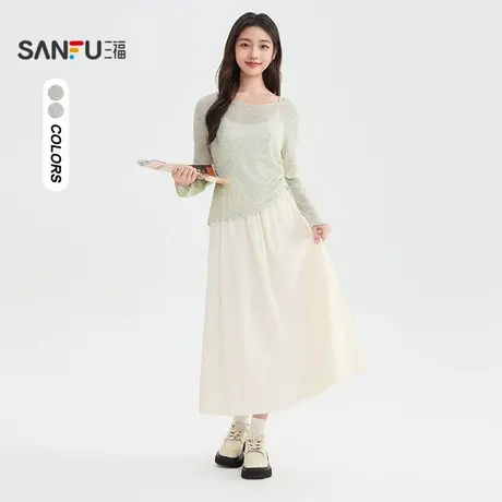 三福连衣裙2025秋季侧边抽绳吊带裙罩衫两件套裙子女装503624图片