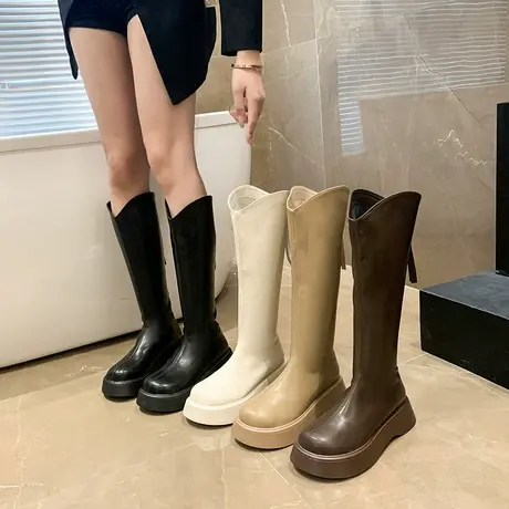 永希靴子长筒靴女秋冬小个子2022年秋季新款粗腿棕色厚底高筒靴女图片