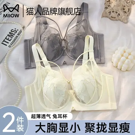 猫人兔耳杯内衣女夏薄款大胸显小性感蕾丝聚拢防下垂收副乳文胸罩商品大图