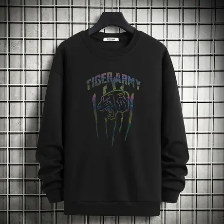 男士卫衣秋冬款圆领无帽虎头印花潮流宽松摇粒绒加绒加厚长袖t恤商品大图