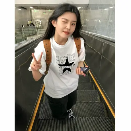 夏季纯棉短袖t恤女2025新款爆款白色落肩美式设计感宽松半袖上衣商品大图