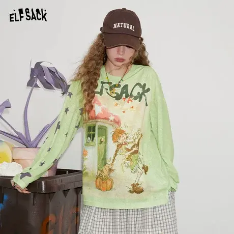 【呼呼专享】妖精的口袋慵懒风满印长袖t恤宽松罩衫薄款上衣商品大图
