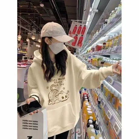 杏色猫咪连帽卫衣女2025新款秋季加绒帽衫韩版宽松慵懒风上衣外套商品大图