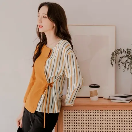 桔熊秋季假两件套上衣设计收腰不对称拼接条纹衫大码AB16090商品大图